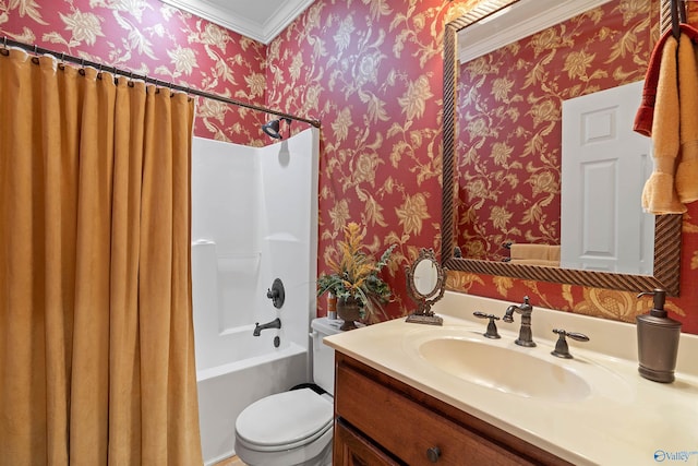 full bathroom with ornamental molding, vanity, shower / bath combo, and toilet