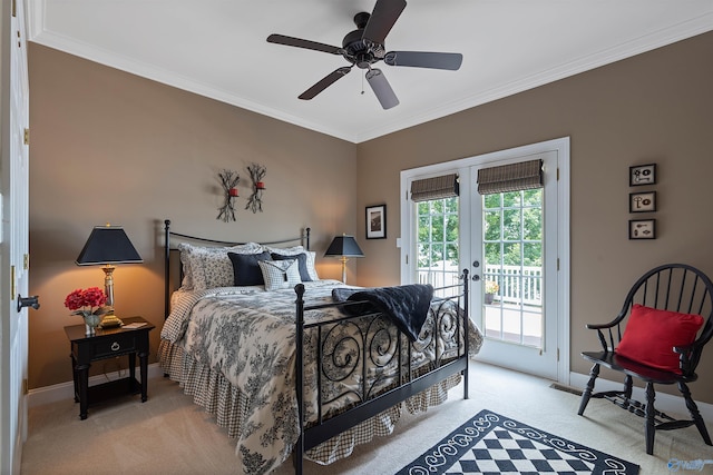 bedroom featuring light colored carpet, french doors, access to exterior, and ceiling fan