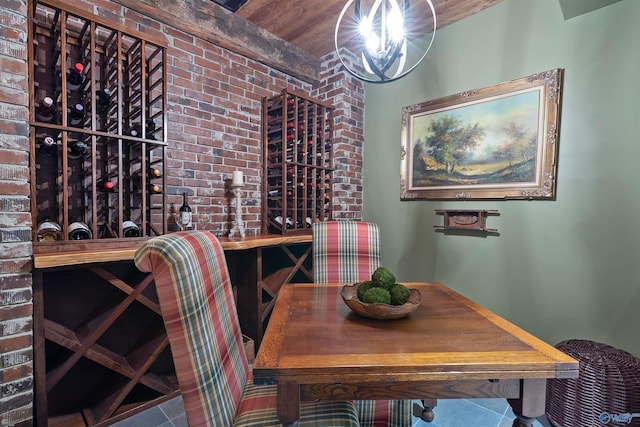 wine cellar with brick wall, wooden ceiling, and tile patterned floors