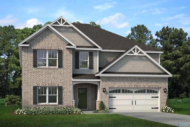 craftsman-style house with a front yard, roof with shingles, brick siding, concrete driveway, and an attached garage