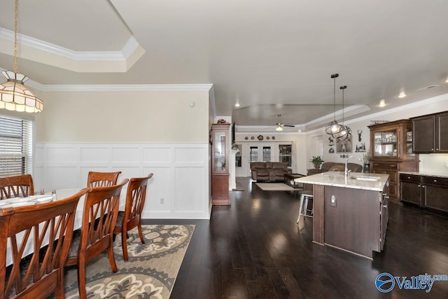 kitchen with dark brown cabinetry, sink, a raised ceiling, and an island with sink