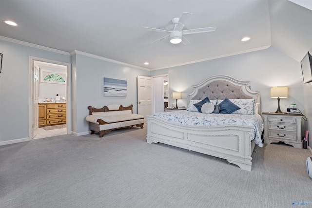 carpeted bedroom with recessed lighting, a ceiling fan, ensuite bath, ornamental molding, and baseboards