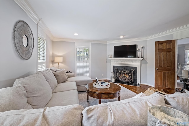 living area with ornamental molding, a lit fireplace, wood finished floors, recessed lighting, and baseboards