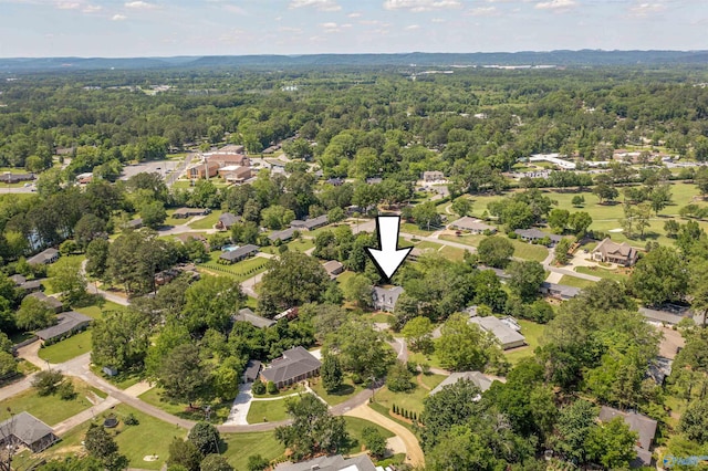 aerial perspective of suburban area featuring a heavily wooded area