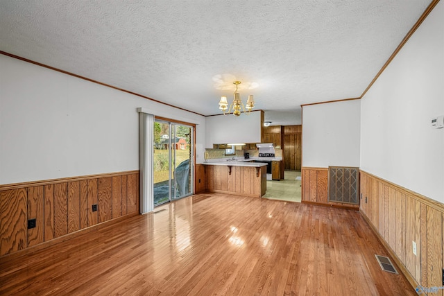 interior space with a notable chandelier, light hardwood / wood-style floors, ornamental molding, and a textured ceiling