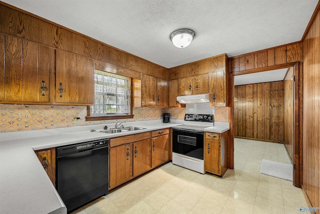 kitchen featuring dishwasher, wood walls, white electric range, sink, and decorative backsplash