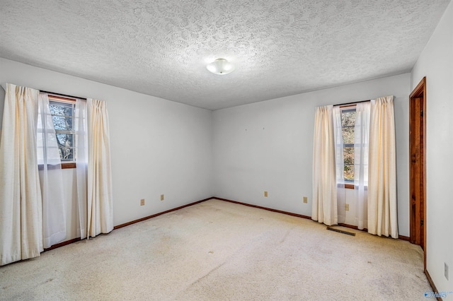 unfurnished room with a textured ceiling, light colored carpet, and a healthy amount of sunlight