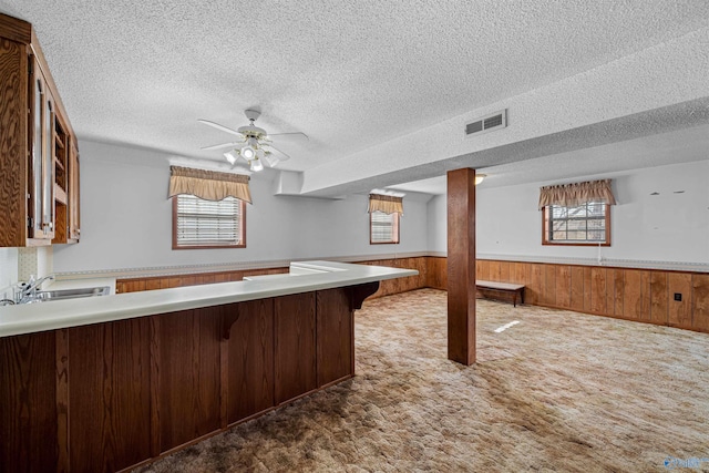 kitchen with a healthy amount of sunlight, a textured ceiling, and dark carpet