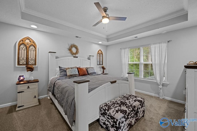 713 Rabbittown Rd, Glencoe, AL 35905 - bedroom featuring a tray ceiling, ornamental molding, carpet flooring, recessed lighting, and baseboards