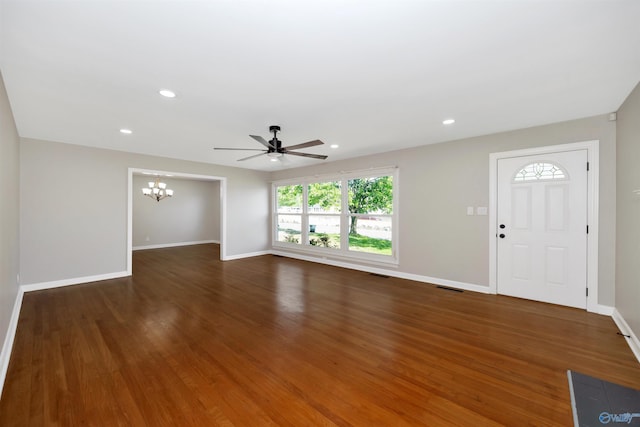 2501 Andrew Jackson Way NE, Huntsville, AL 35811 - foyer with baseboards, visible vents, recessed lighting, ceiling fan with notable chandelier, and wood finished floors