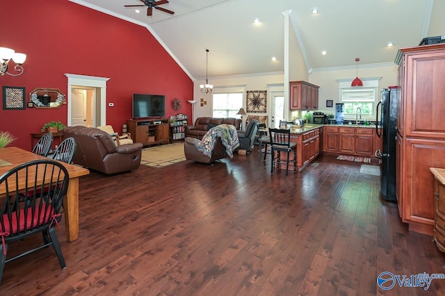 living room featuring sink, crown molding, dark hardwood / wood-style floors, ceiling fan with notable chandelier, and vaulted ceiling