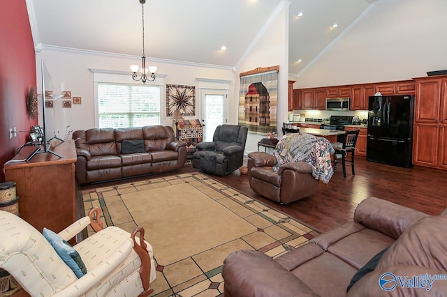 living room featuring crown molding, high vaulted ceiling, a notable chandelier, and dark hardwood / wood-style flooring