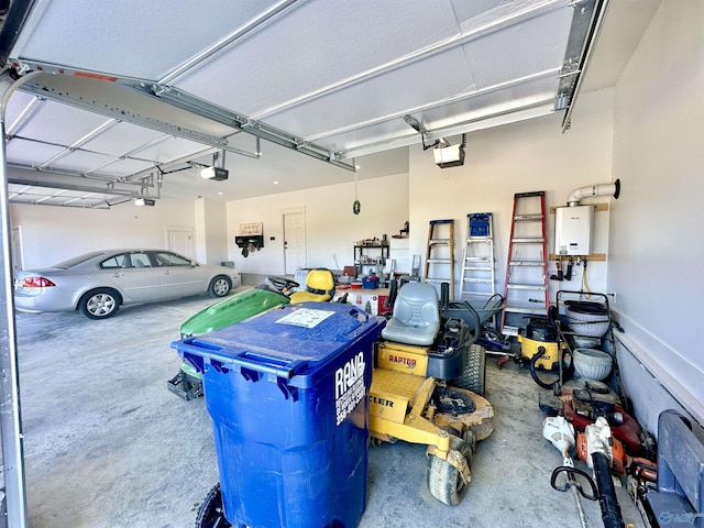 garage with a garage door opener and tankless water heater