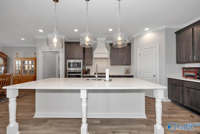 kitchen featuring dark brown cabinetry, dark wood-type flooring, an island with sink, custom exhaust hood, and appliances with stainless steel finishes