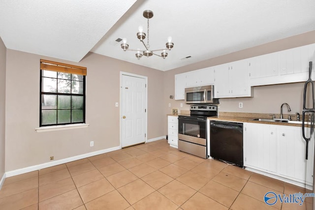 kitchen with visible vents, range with electric cooktop, dishwasher, stainless steel microwave, and a sink