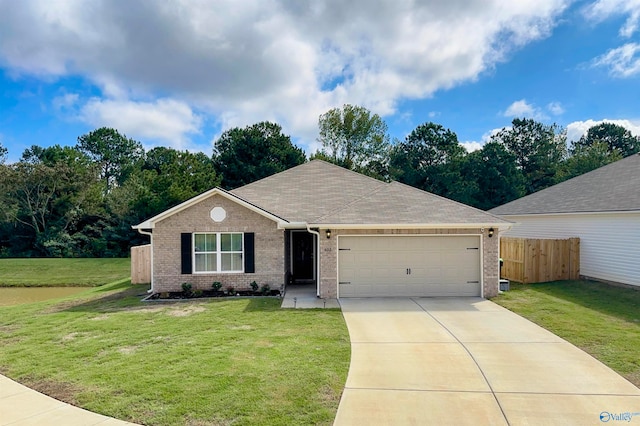 ranch-style home with a front yard and a garage