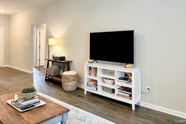 living room with dark hardwood / wood-style flooring