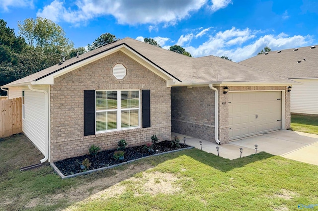 ranch-style house featuring a front lawn and a garage