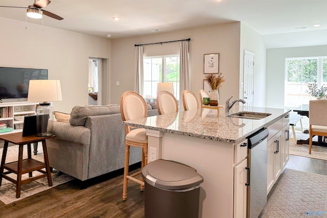 kitchen featuring a healthy amount of sunlight, white cabinetry, sink, and dark hardwood / wood-style flooring