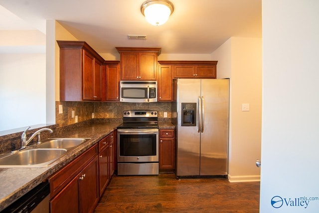 kitchen featuring tasteful backsplash, stainless steel appliances, dark hardwood / wood-style floors, and sink