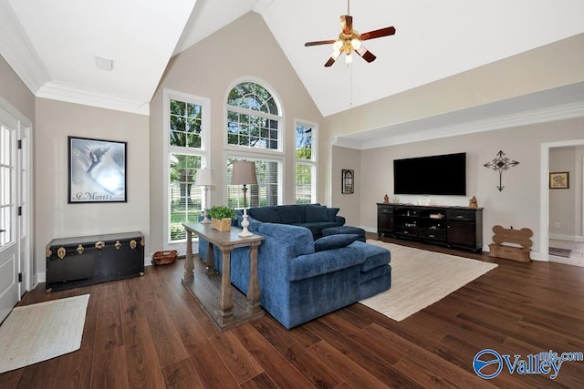 living room featuring high vaulted ceiling, ceiling fan, baseboards, and dark wood-type flooring
