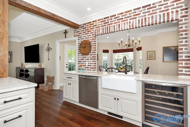 kitchen featuring dark wood-style flooring, light stone counters, a sink, dishwasher, and wine cooler