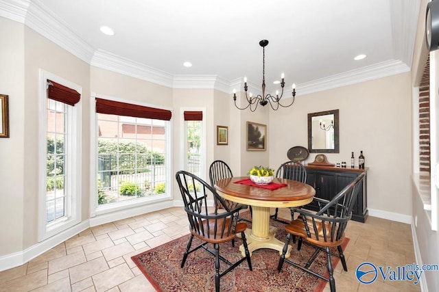 dining space with baseboards, recessed lighting, stone finish flooring, and an inviting chandelier