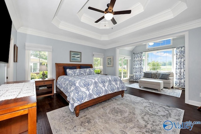bedroom featuring a tray ceiling, dark wood finished floors, ornamental molding, and ceiling fan