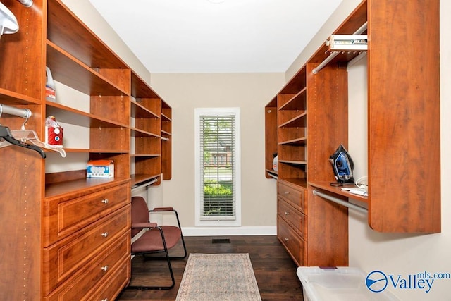 walk in closet with visible vents, dark wood-style floors, and built in desk