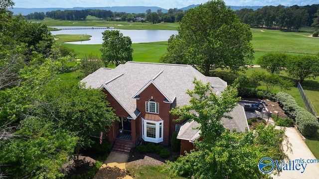 aerial view featuring a water view and golf course view