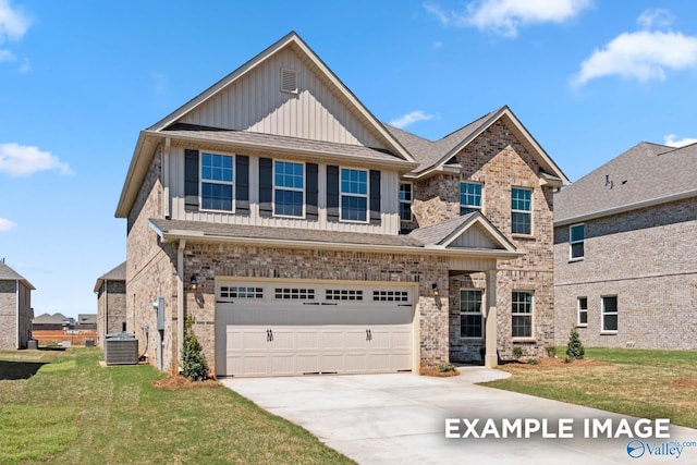 131 Holly Grove Ln, Harvest, AL 35749 - view of front facade with board and batten siding, central AC, concrete driveway, a garage, and a front lawn