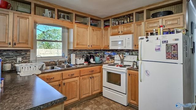 kitchen featuring dark countertops, white appliances, open shelves, and a sink