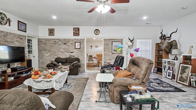 living room with recessed lighting, visible vents, brick wall, and ceiling fan