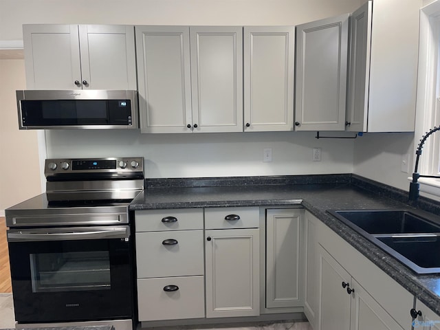 kitchen with stainless steel appliances, sink, and gray cabinetry