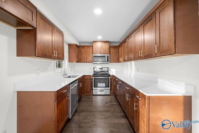 kitchen with stainless steel appliances, dark hardwood / wood-style floors, and sink