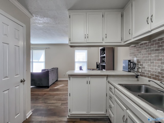 kitchen with white cabinets, dark wood-type flooring, a textured ceiling, and sink