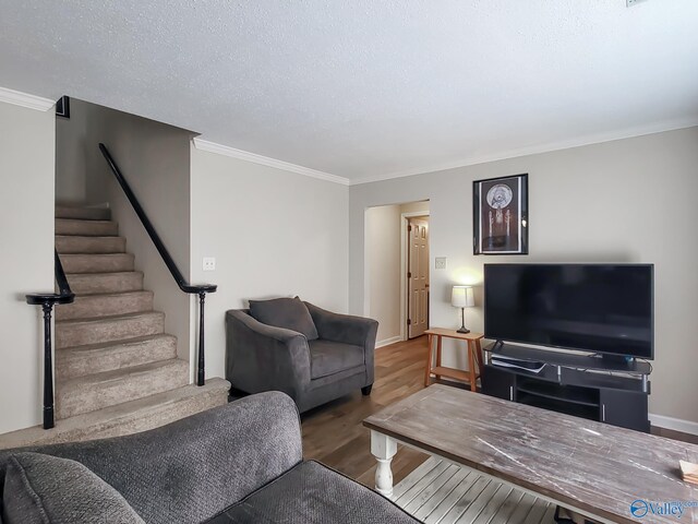 living room with hardwood / wood-style floors, a textured ceiling, and ornamental molding