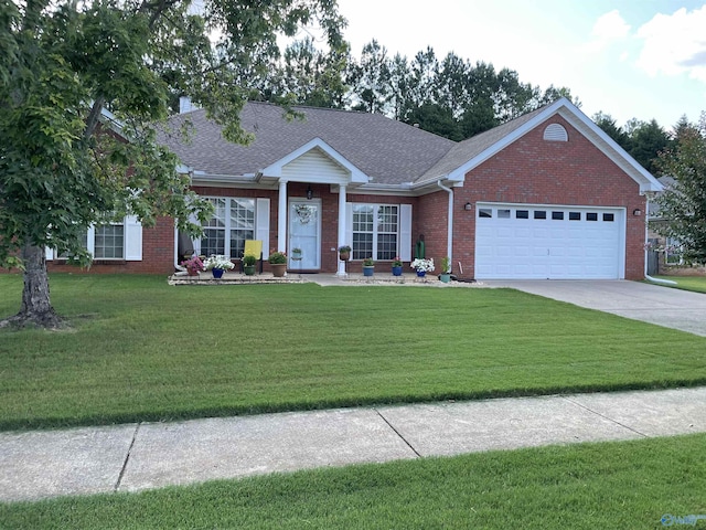 single story home with a front lawn and a garage