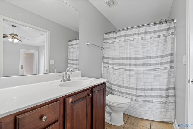 bathroom featuring ceiling fan, toilet, vanity, and tile patterned flooring