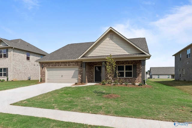 view of front of home with brick siding, roof with shingles, concrete driveway, a front yard, and a garage