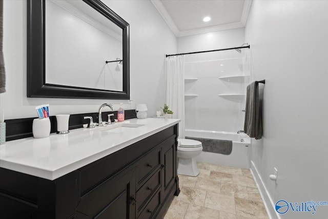 full bathroom featuring crown molding, vanity, shower / bath combination with curtain, and toilet