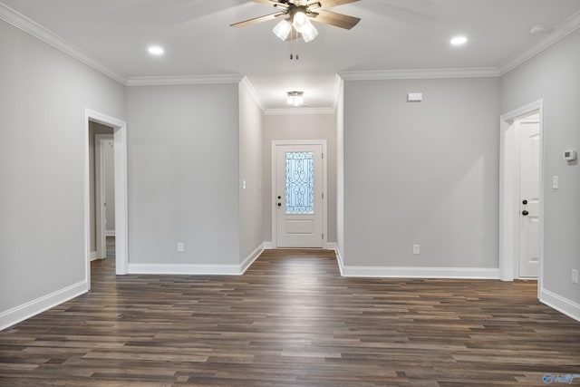 foyer with dark wood-style floors, baseboards, crown molding, and ceiling fan