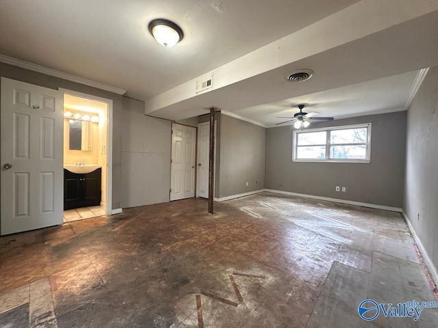 interior space with ceiling fan, ornamental molding, and sink