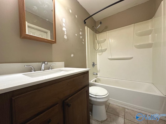 full bathroom with shower / tub combination, tile patterned flooring, vanity, and toilet