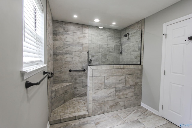 3790 Christopher Ave, Southside, AL 35907 - bathroom with baseboards, marble finish floor, recessed lighting, and a walk in shower