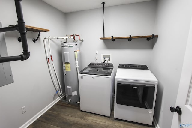 3790 Christopher Ave, Southside, AL 35907 - laundry room featuring laundry area, baseboards, electric water heater, washer and dryer, and dark wood-type flooring