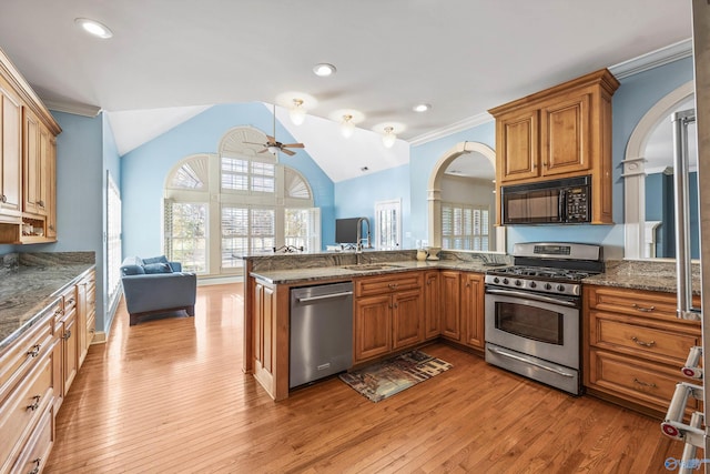 kitchen with ceiling fan, light hardwood / wood-style floors, stainless steel appliances, and vaulted ceiling