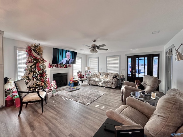 living room featuring hardwood / wood-style floors, ceiling fan, and a wealth of natural light