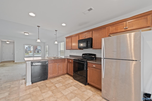 kitchen featuring black appliances, light colored carpet, kitchen peninsula, and hanging light fixtures