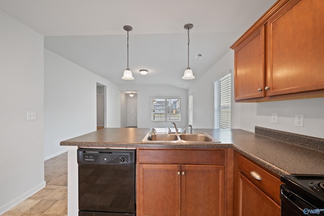 kitchen featuring black appliances, kitchen peninsula, sink, and hanging light fixtures